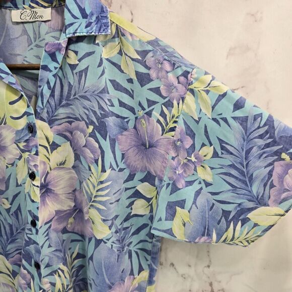Vintage Shirt Womens Medium 90s Blue Purple Floral Button Up Short Sleeve Camp - Picture 8 of 9